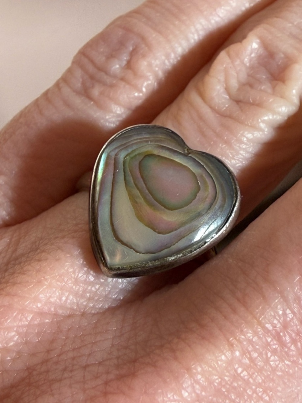 Vintage Abalone Shell sterling silver oversized boho Heart Ring Adjustable 1970'
